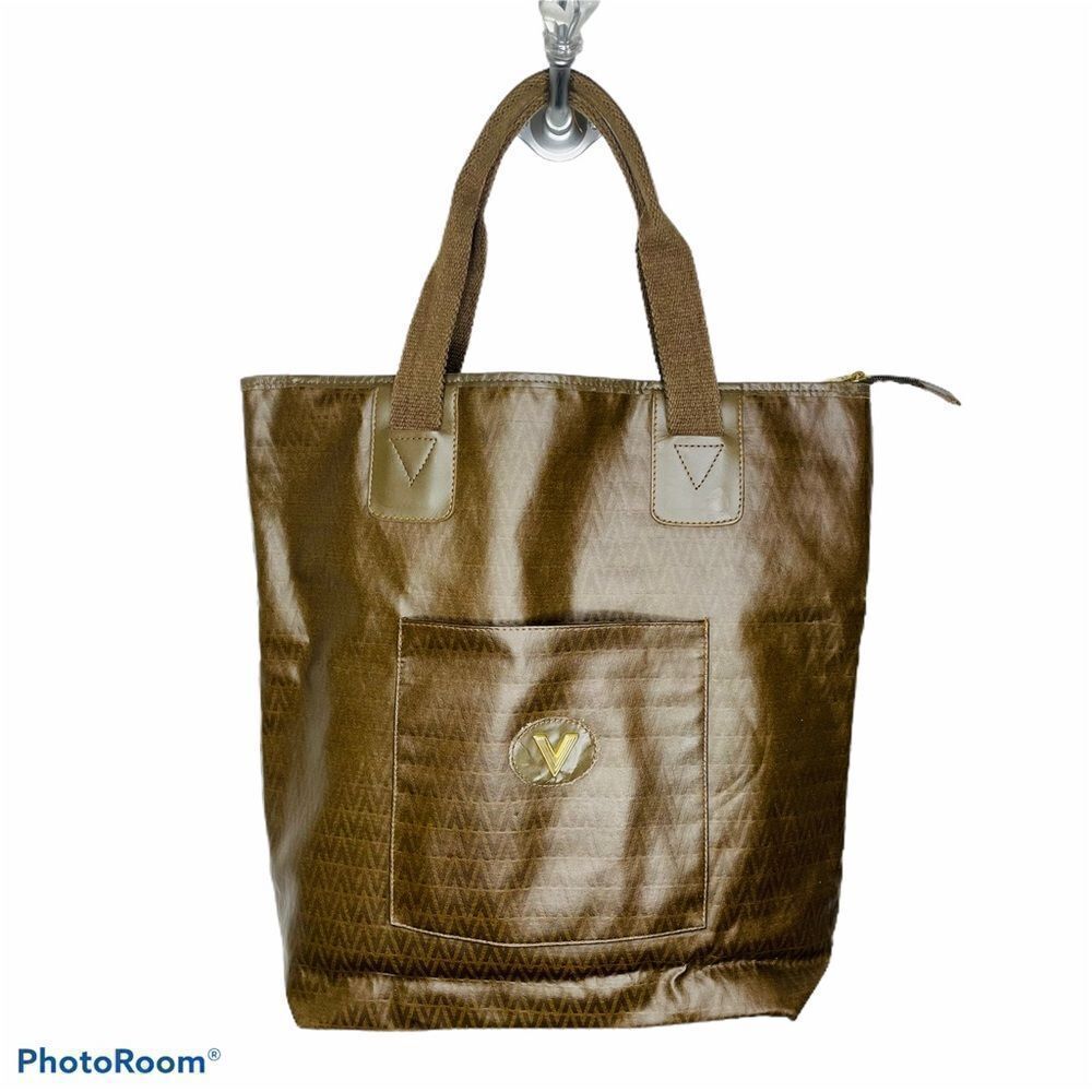 Valentino Vintage Large Coated Canvas Brown Bag Shoulder Purse V Logo Print‎
